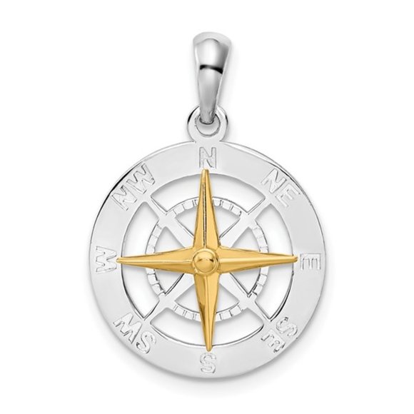925 Sterling Silver Polished Small Compass with 14k Gold Needle Necklace Pendant - Picture 1 of 4